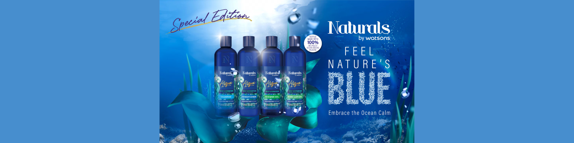 Watsons Fights Against Plastic Waste in Ocean by Special Edition Naturals by Watsons’ Blue Beauty Range